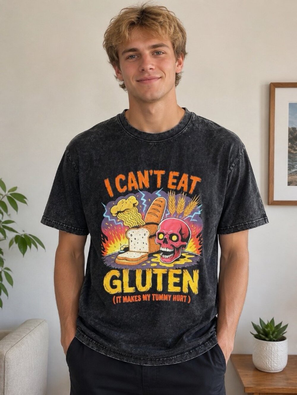 Men’s Gray I Can't Eat Gluten It Makes My Tummy Hurt T-Shirt Size Medium